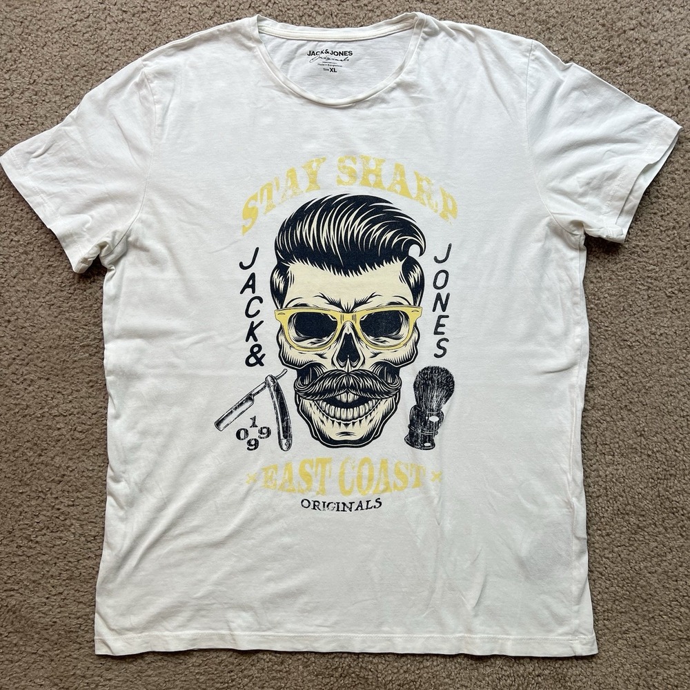 Jack‎ & Jones Men's White East Coast Barber Skull Graphic Tee T-shirt L / XL